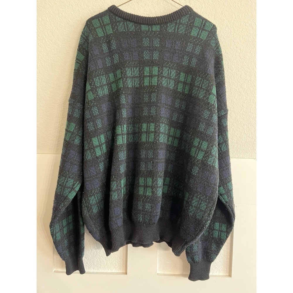 Vintage 90s LL Bean Pure Wool Plaid Sweater Mens XL Made in USA Green Navy